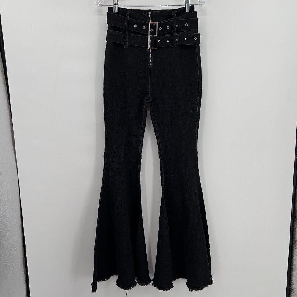 Banjul Women's Very High Waist Wide Leg Double Belted Raw Hem Black Jeans M
